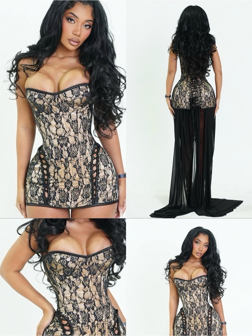 Strapless Black Lace Overlay Mini Dress with Nude Lining